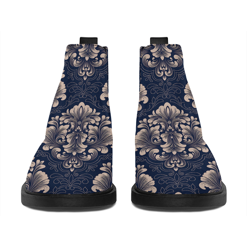 Blue And Brown Damask Pattern Print Flat Ankle Boots