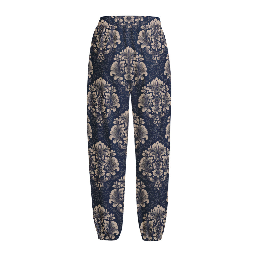 Blue And Brown Damask Pattern Print Fleece Lined Knit Pants