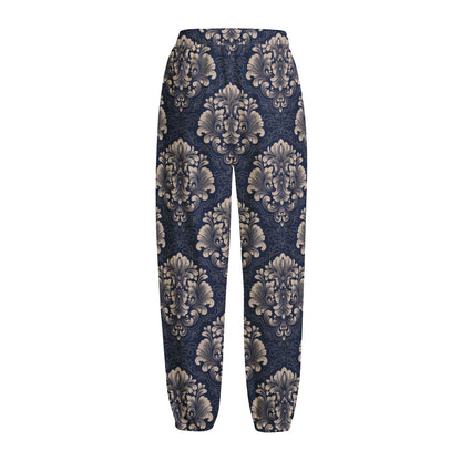 Blue And Brown Damask Pattern Print Fleece Lined Knit Pants