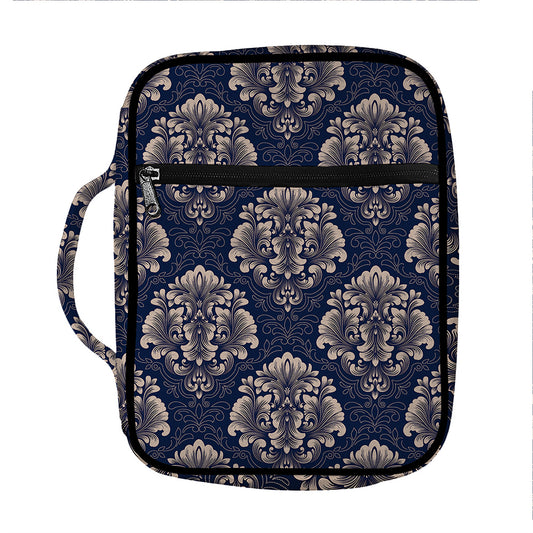 Blue And Brown Damask Pattern Print Front Pocket Bible Bag