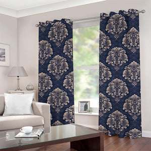 Blue And Brown Damask Pattern Print Grommet Curtains