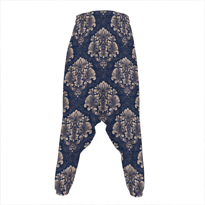 Blue And Brown Damask Pattern Print Hammer Pants