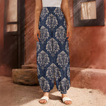 Blue And Brown Damask Pattern Print Harem Pants