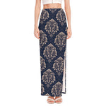 Blue And Brown Damask Pattern Print High Slit Maxi Skirt