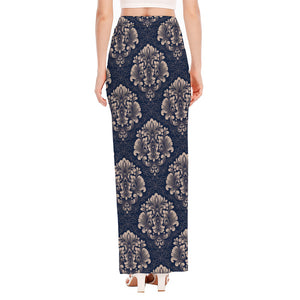 Blue And Brown Damask Pattern Print High Slit Maxi Skirt