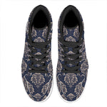 Blue And Brown Damask Pattern Print High Top Leather Sneakers