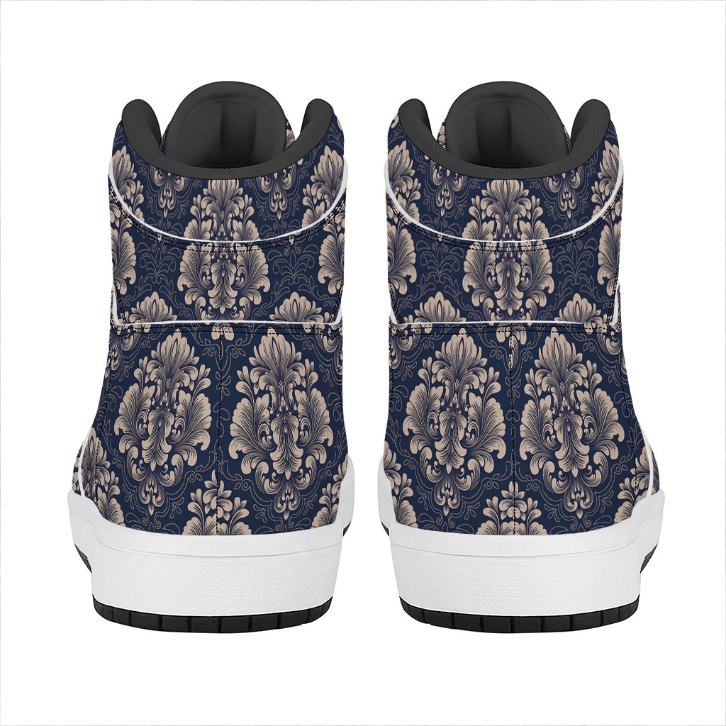 Blue And Brown Damask Pattern Print High Top Leather Sneakers