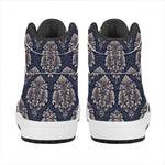 Blue And Brown Damask Pattern Print High Top Leather Sneakers