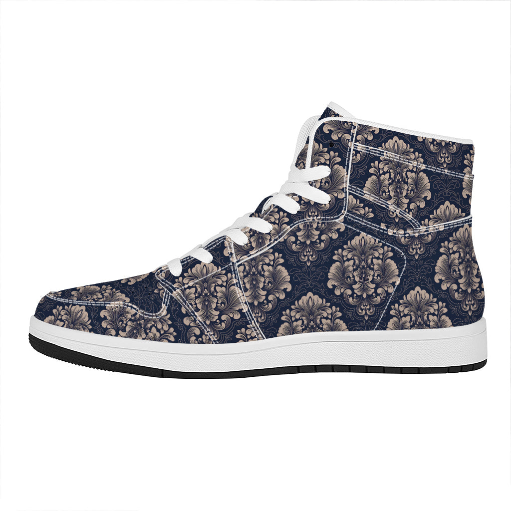 Blue And Brown Damask Pattern Print High Top Leather Sneakers