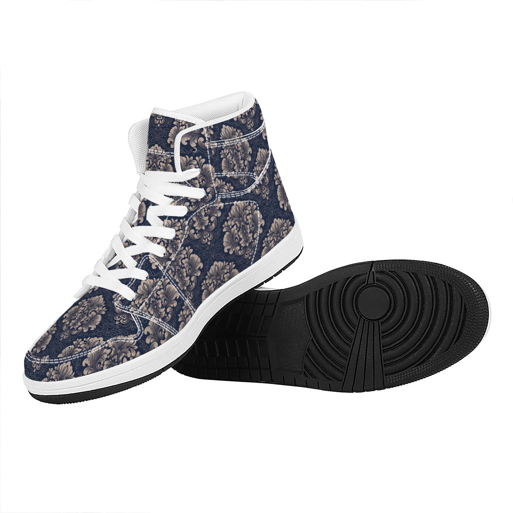 Blue And Brown Damask Pattern Print High Top Leather Sneakers