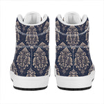 Blue And Brown Damask Pattern Print High Top Leather Sneakers