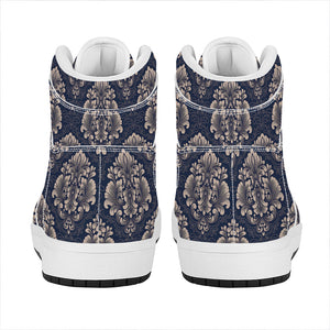 Blue And Brown Damask Pattern Print High Top Leather Sneakers