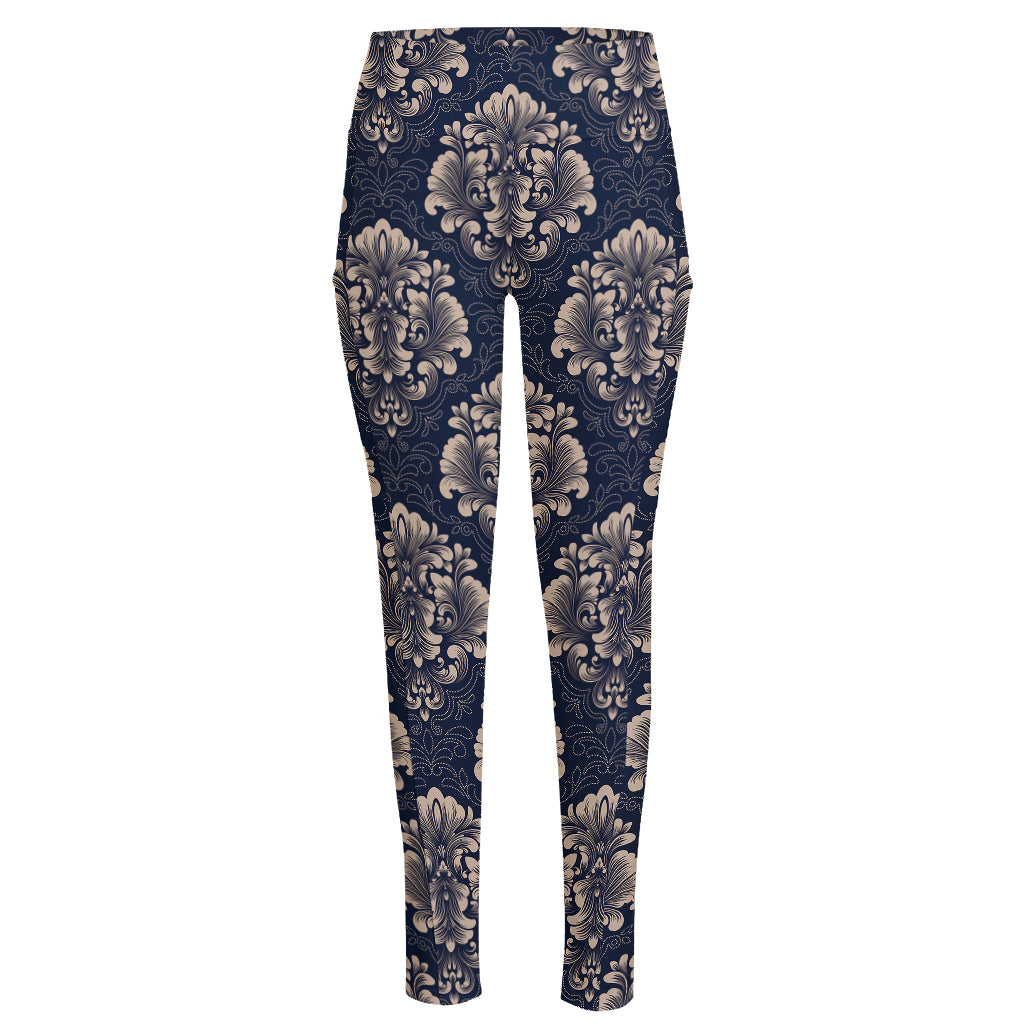 Blue And Brown Damask Pattern Print High-Waisted Pocket Leggings