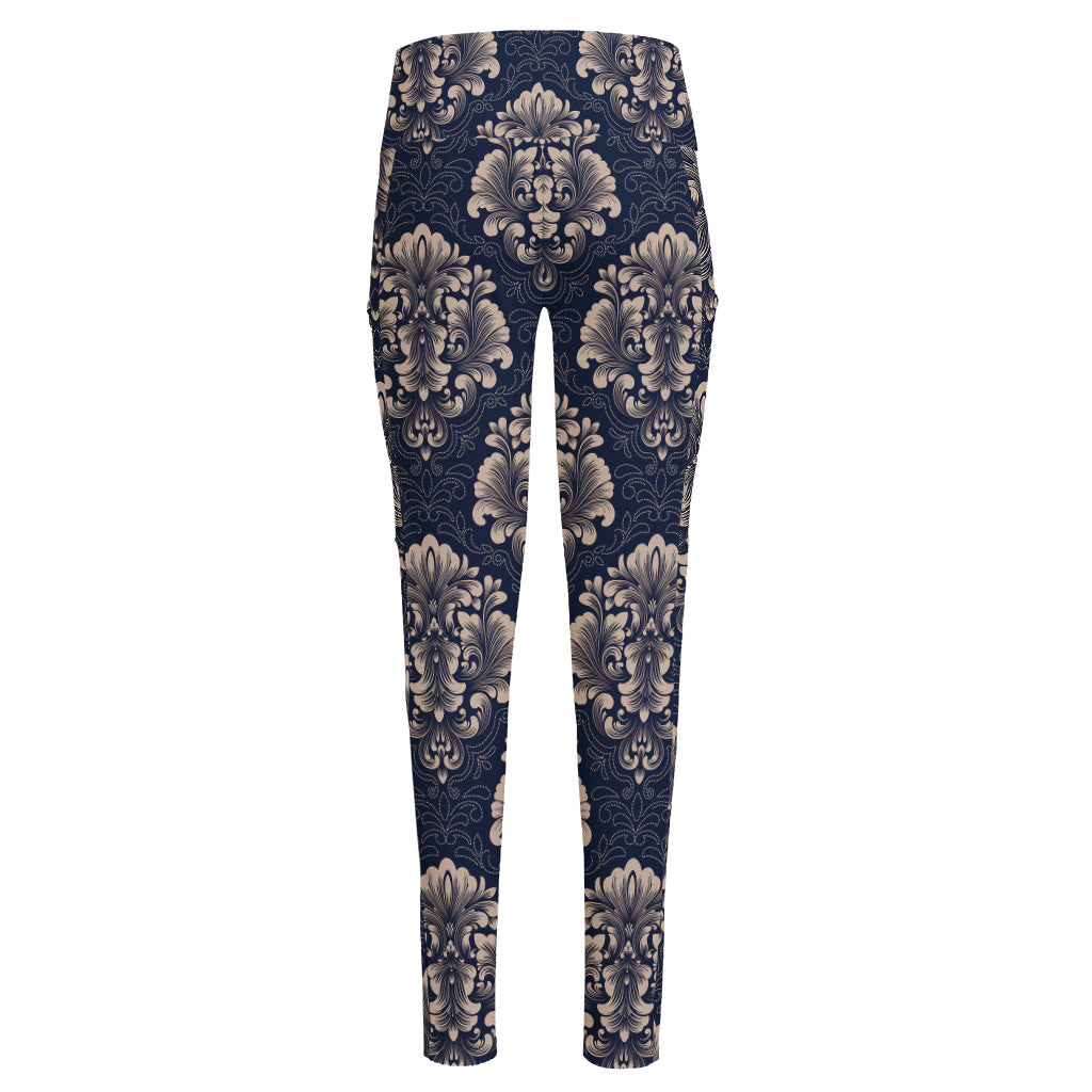 Blue And Brown Damask Pattern Print High-Waisted Pocket Leggings