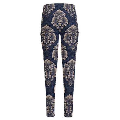 Blue And Brown Damask Pattern Print High-Waisted Pocket Leggings