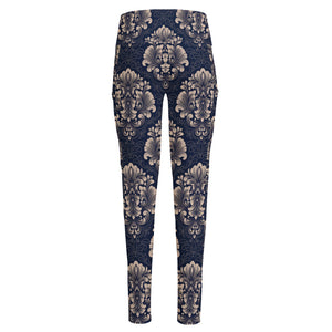 Blue And Brown Damask Pattern Print High-Waisted Pocket Leggings