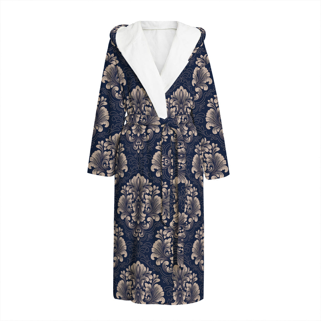 Blue And Brown Damask Pattern Print Hooded Bathrobe