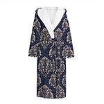 Blue And Brown Damask Pattern Print Hooded Bathrobe