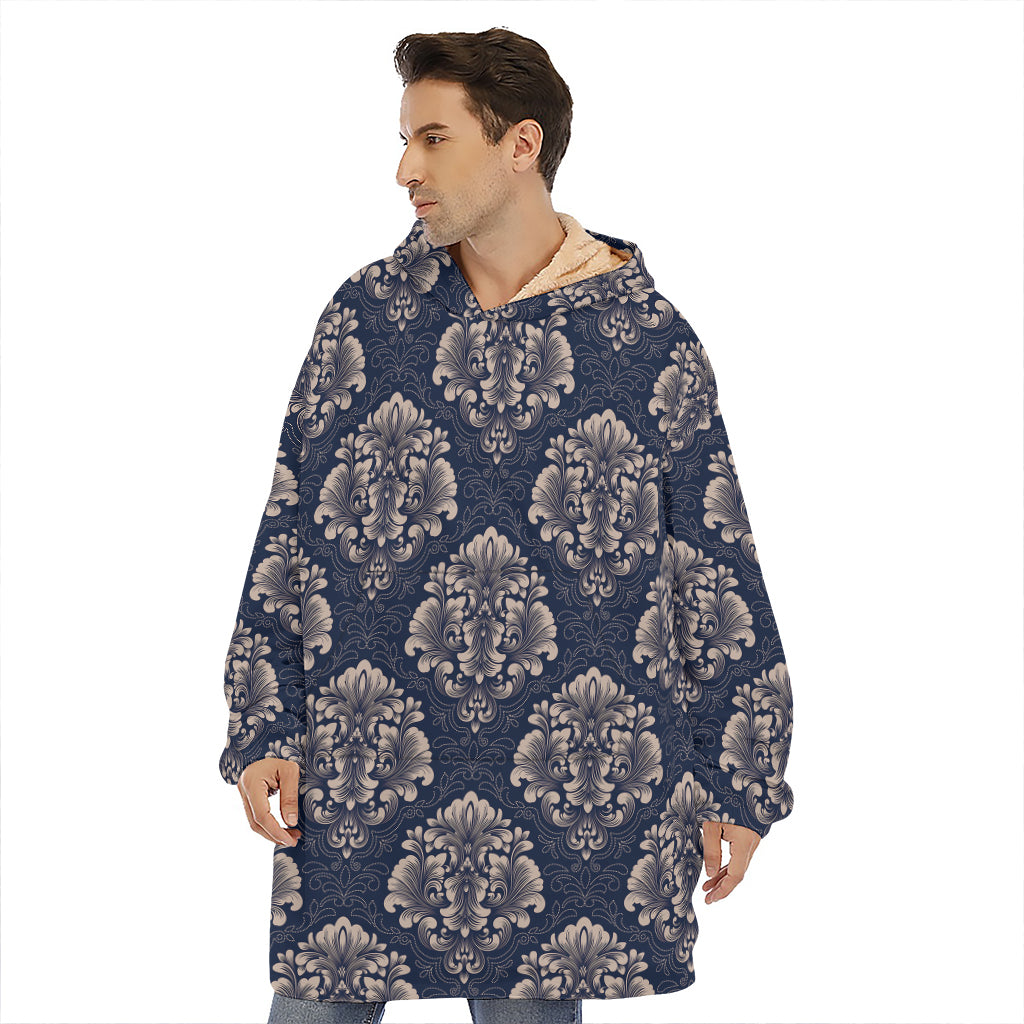 Blue And Brown Damask Pattern Print Hoodie Blanket