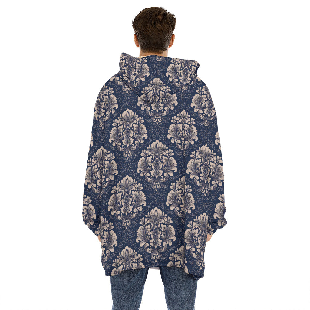 Blue And Brown Damask Pattern Print Hoodie Blanket