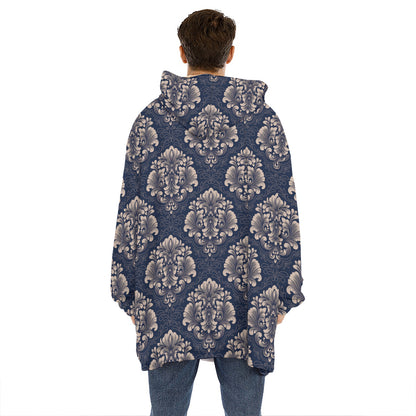 Blue And Brown Damask Pattern Print Hoodie Blanket