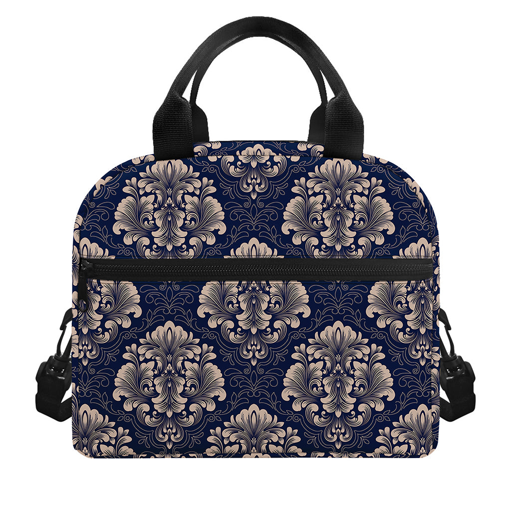 Blue And Brown Damask Pattern Print Insulated Lunch Bag