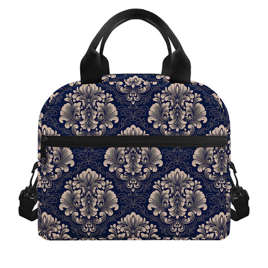 Blue And Brown Damask Pattern Print Insulated Lunch Bag