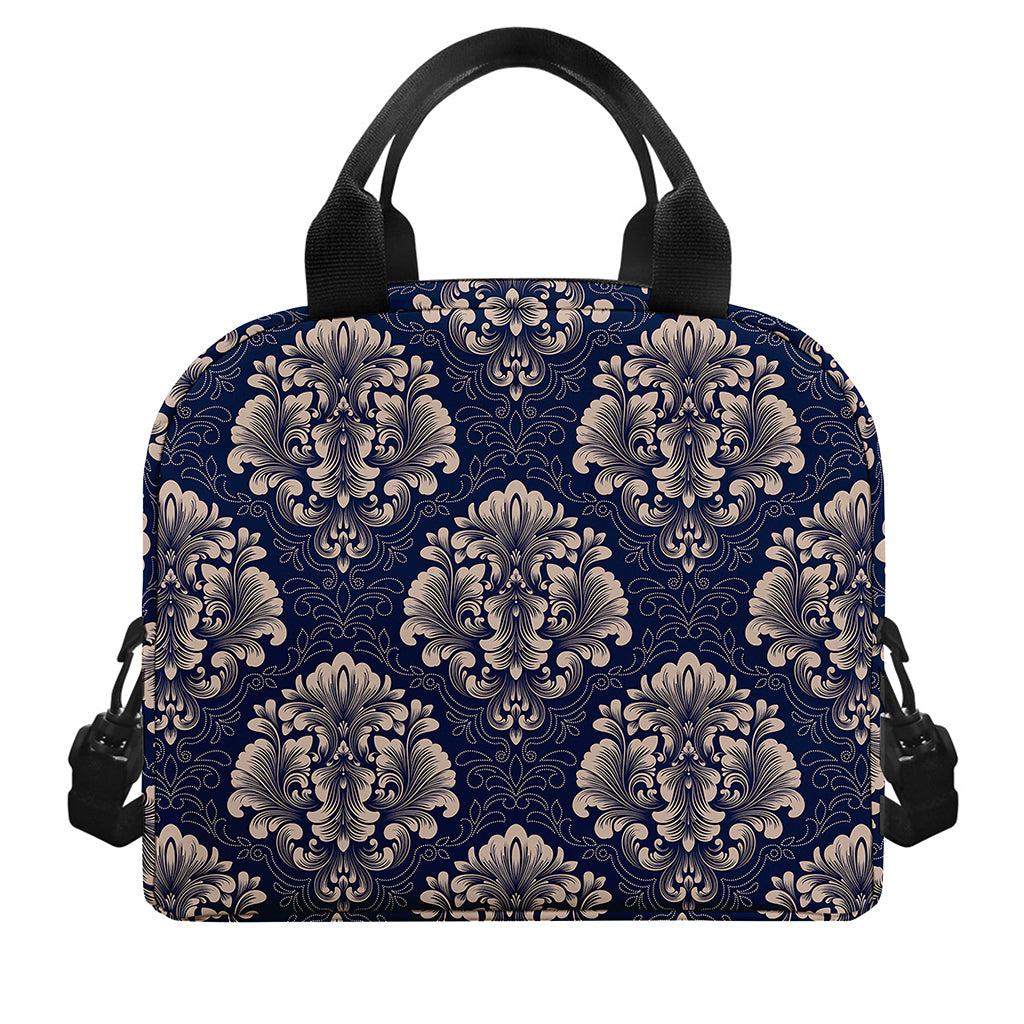Blue And Brown Damask Pattern Print Insulated Lunch Bag