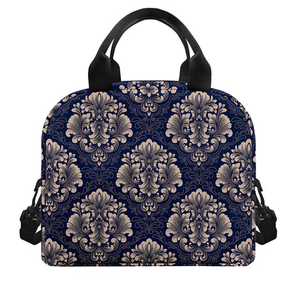 Blue And Brown Damask Pattern Print Insulated Lunch Bag