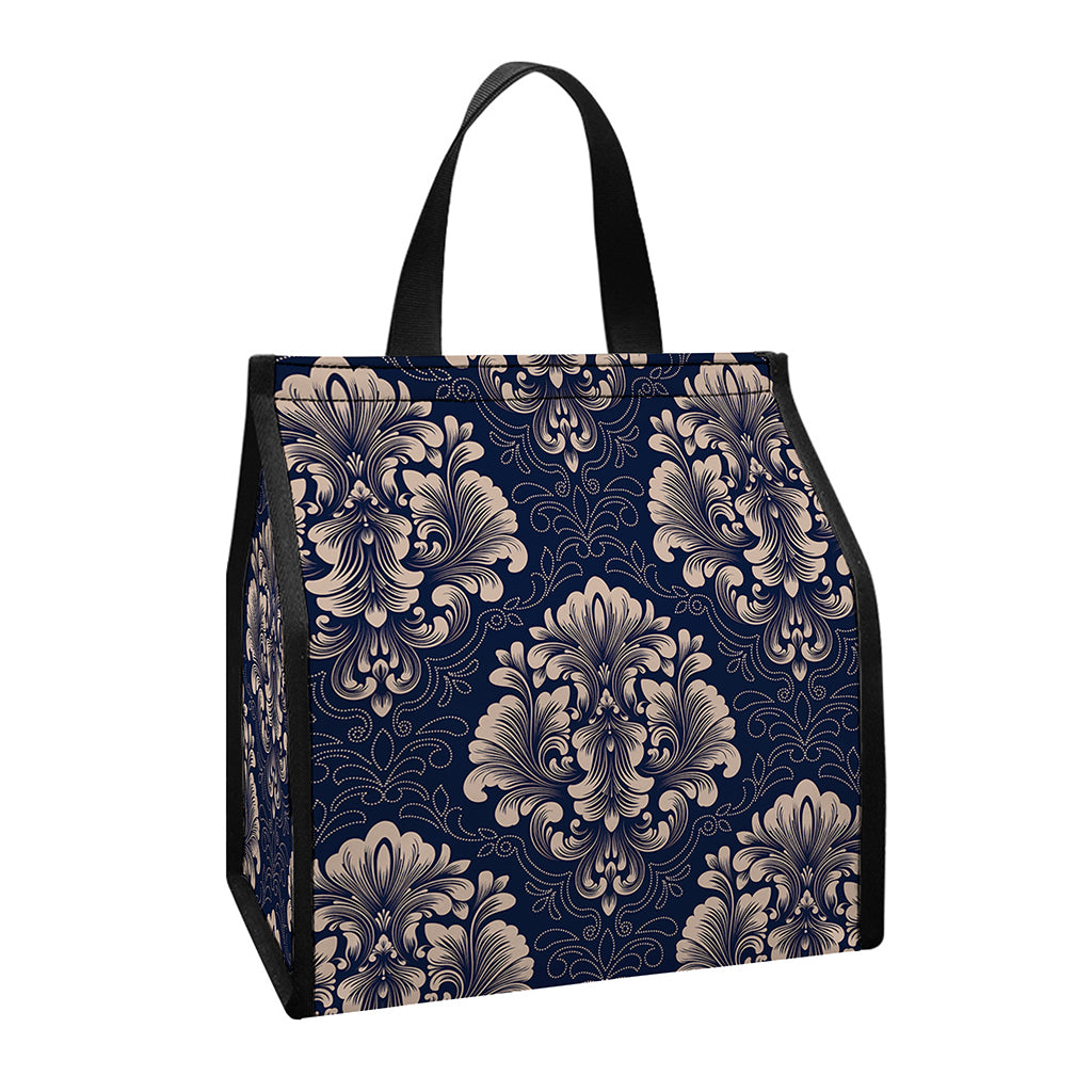 Blue And Brown Damask Pattern Print Insulated Lunch Tote
