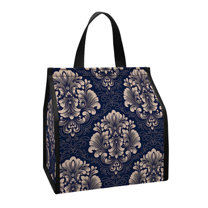 Blue And Brown Damask Pattern Print Insulated Lunch Tote