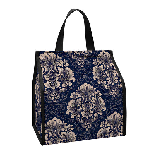 Blue And Brown Damask Pattern Print Insulated Lunch Tote
