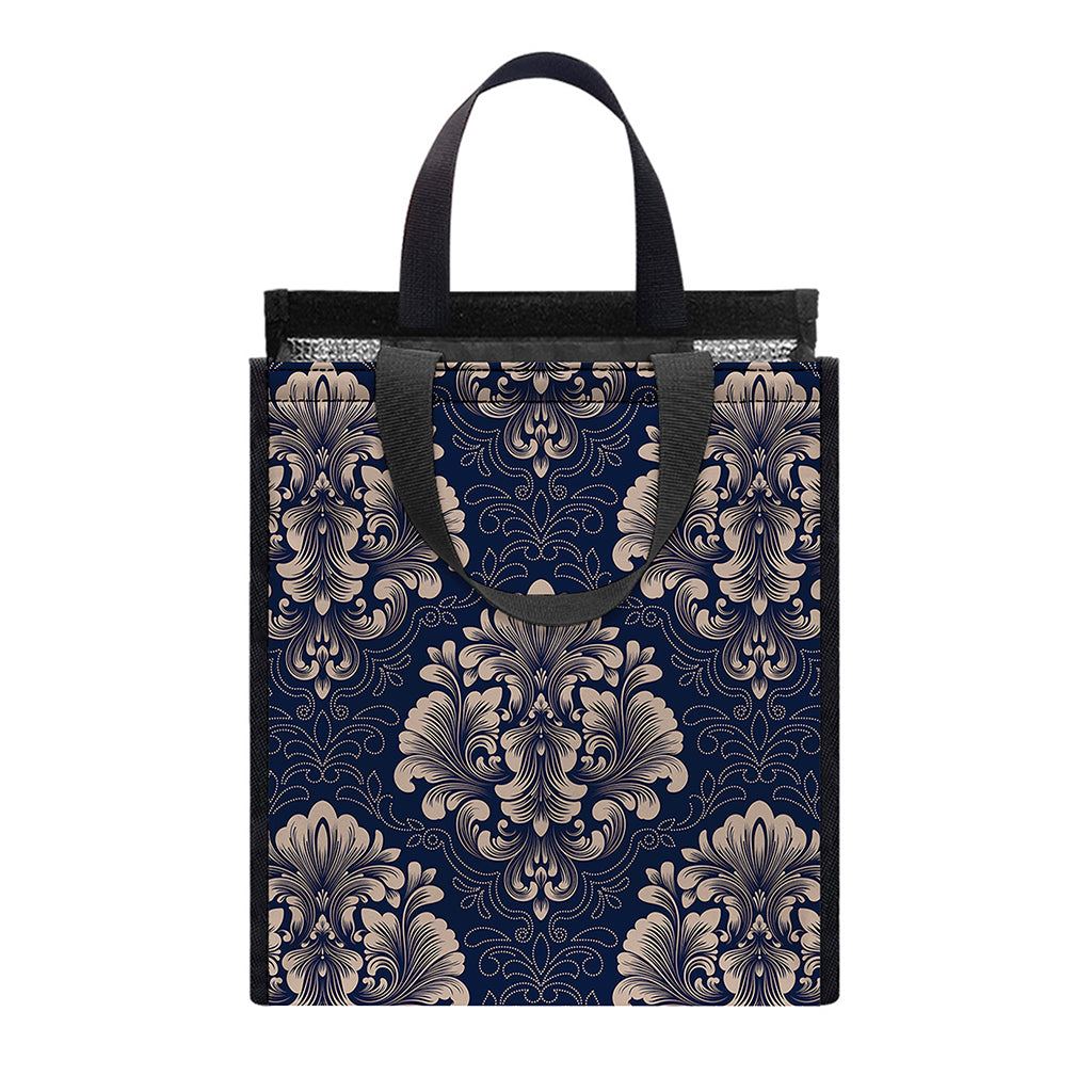 Blue And Brown Damask Pattern Print Insulated Lunch Tote