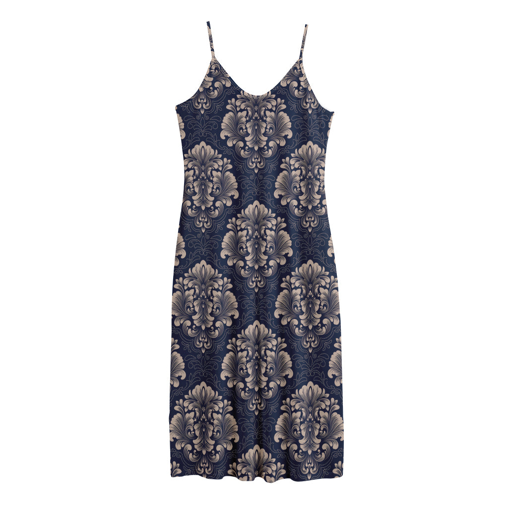 Blue And Brown Damask Pattern Print Jersey Midi Cami Dress