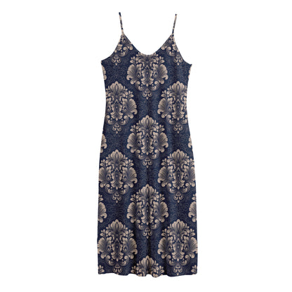 Blue And Brown Damask Pattern Print Jersey Midi Cami Dress
