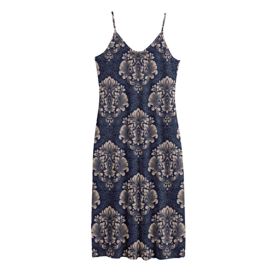 Blue And Brown Damask Pattern Print Jersey Midi Cami Dress