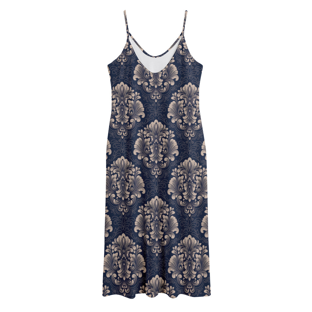 Blue And Brown Damask Pattern Print Jersey Midi Cami Dress