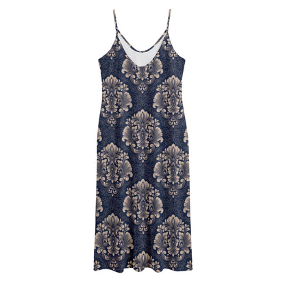 Blue And Brown Damask Pattern Print Jersey Midi Cami Dress