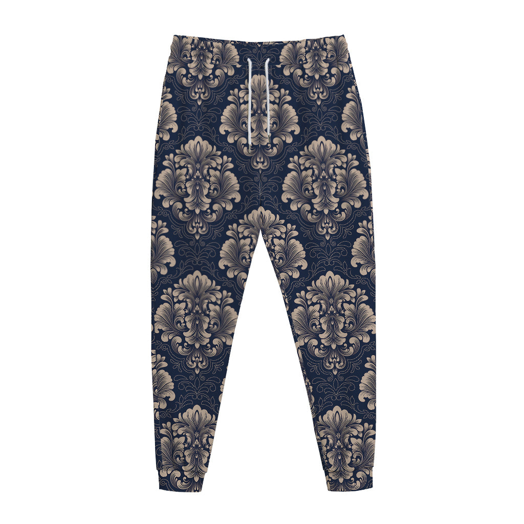 Blue And Brown Damask Pattern Print Jogger Pants