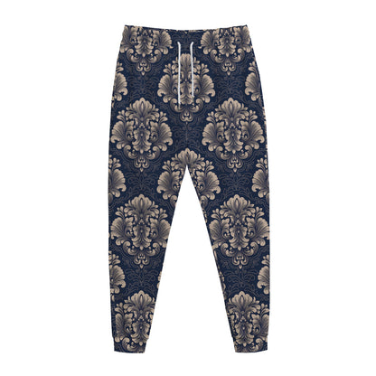 Blue And Brown Damask Pattern Print Jogger Pants