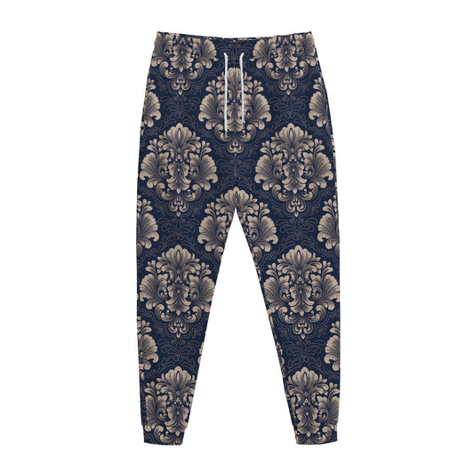 Blue And Brown Damask Pattern Print Jogger Pants