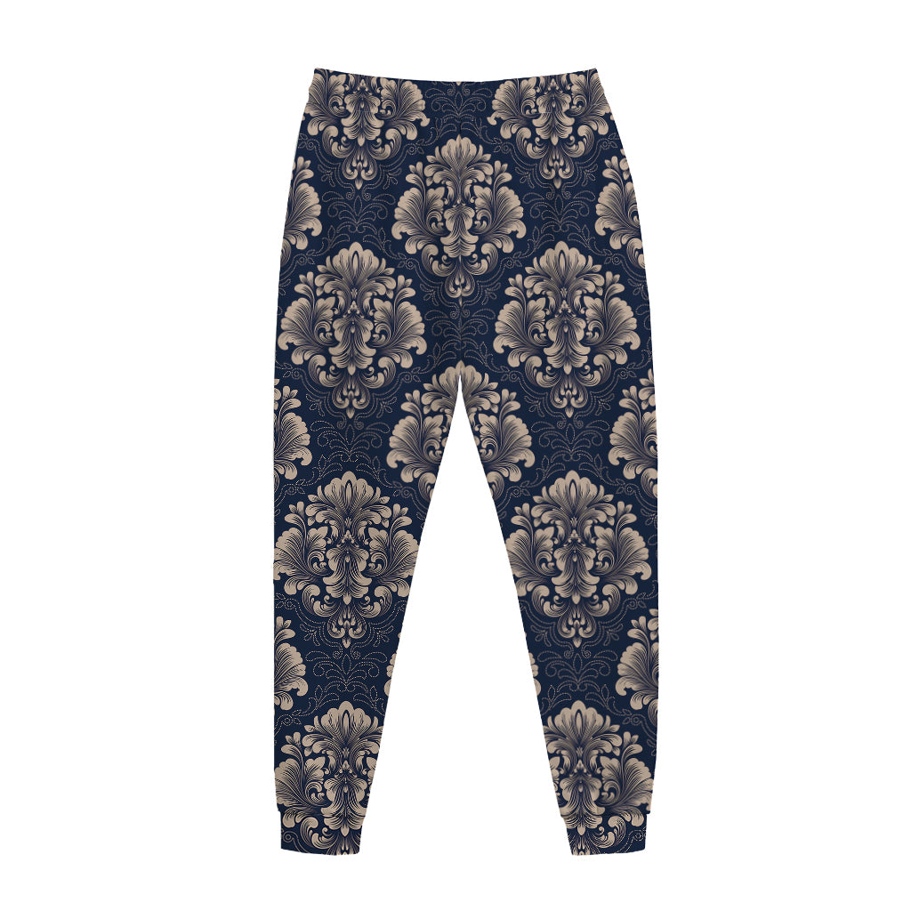 Blue And Brown Damask Pattern Print Jogger Pants