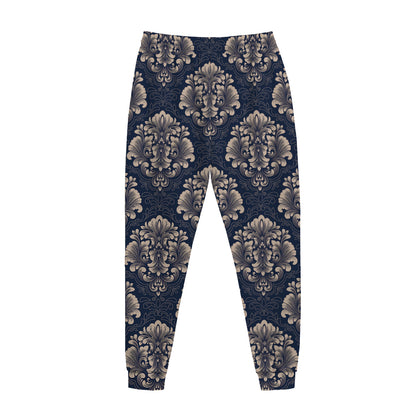 Blue And Brown Damask Pattern Print Jogger Pants