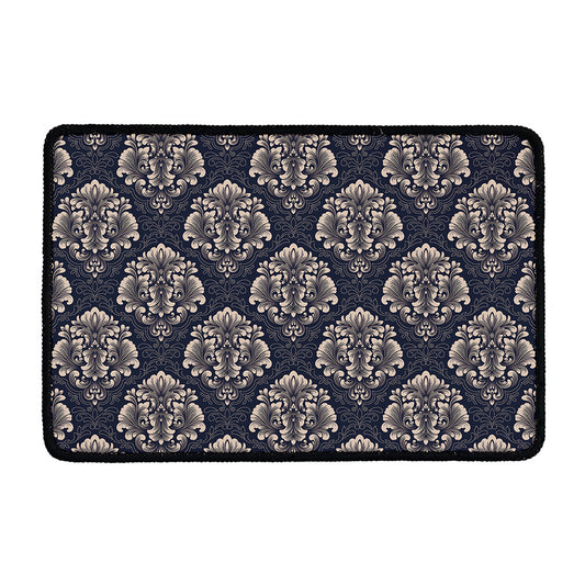 Blue And Brown Damask Pattern Print Kitchen Mat