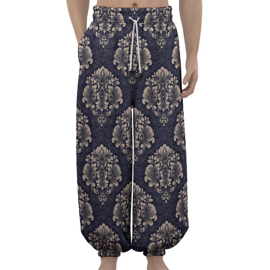 Blue And Brown Damask Pattern Print Lantern Pants