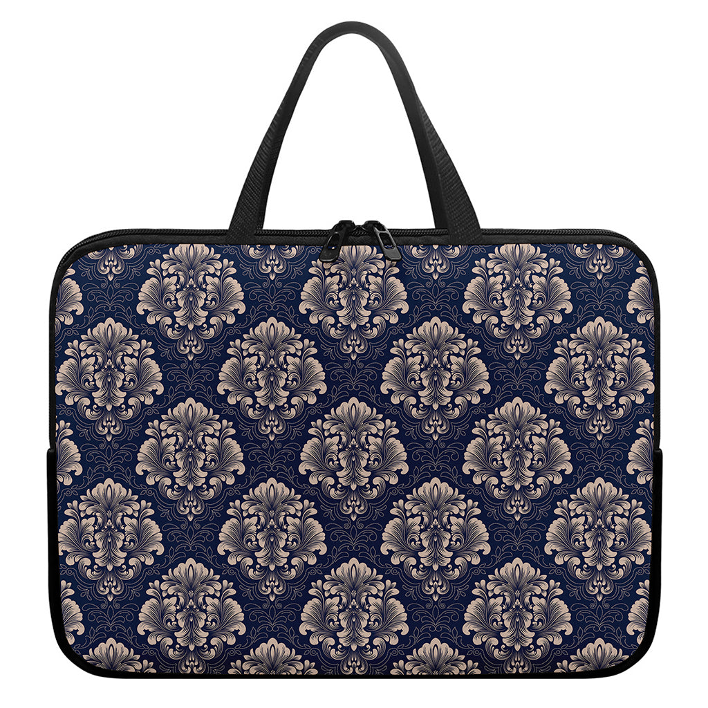 Blue And Brown Damask Pattern Print Laptop Sleeve With Handle