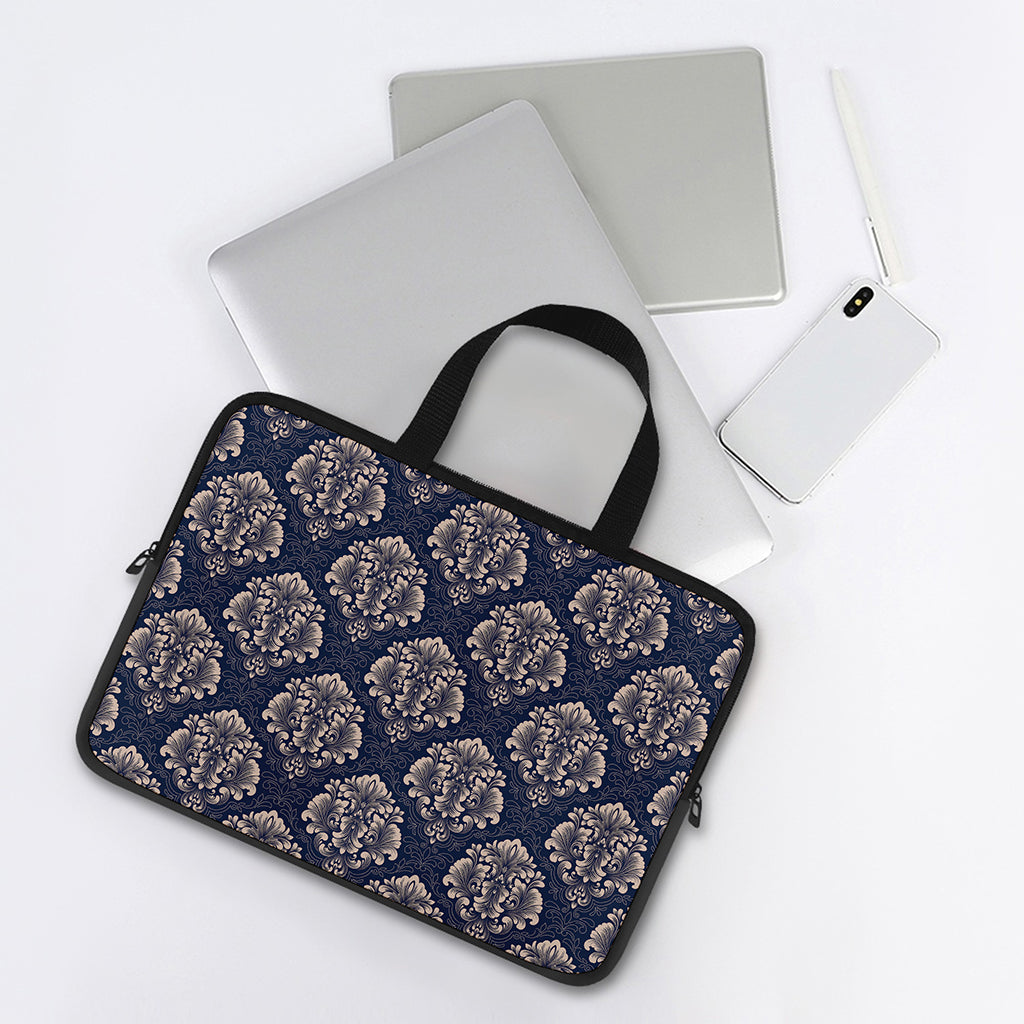 Blue And Brown Damask Pattern Print Laptop Sleeve With Handle