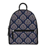 Blue And Brown Damask Pattern Print Leather Backpack
