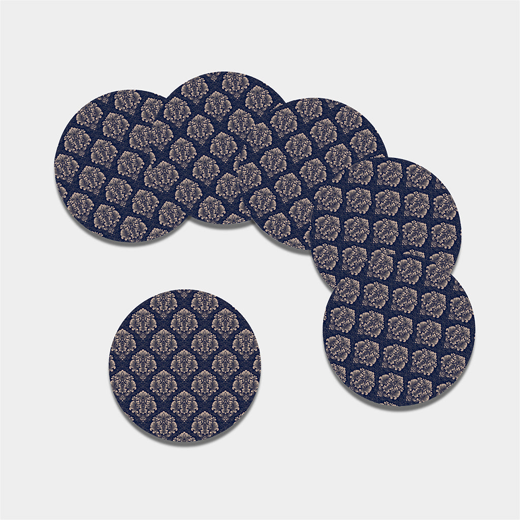 Blue And Brown Damask Pattern Print Leather Coaster Set