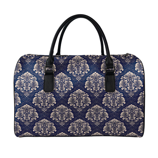 Blue And Brown Damask Pattern Print Leather Duffle Bag